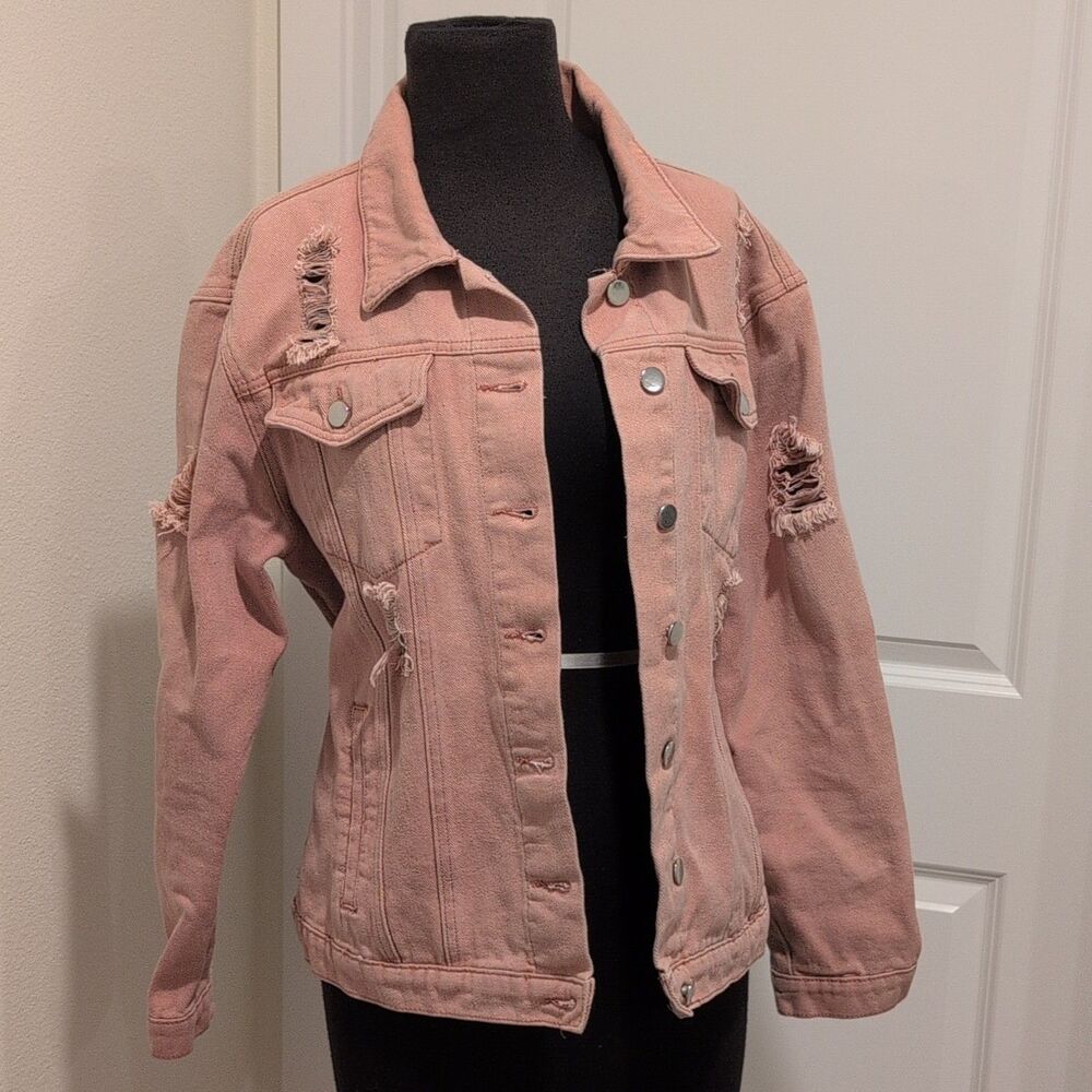 boohoo BLUE Women's Pink Distressed Denim Jacket With Pockets Size US 8
